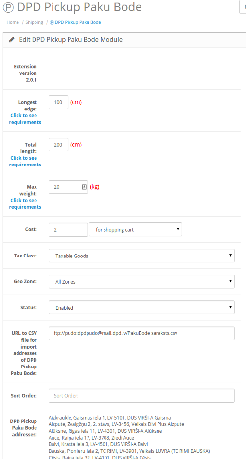 screenshot of extension configuration in opencart admin panel