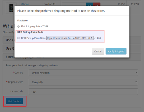 screenshot showing shipping estimator on cart page